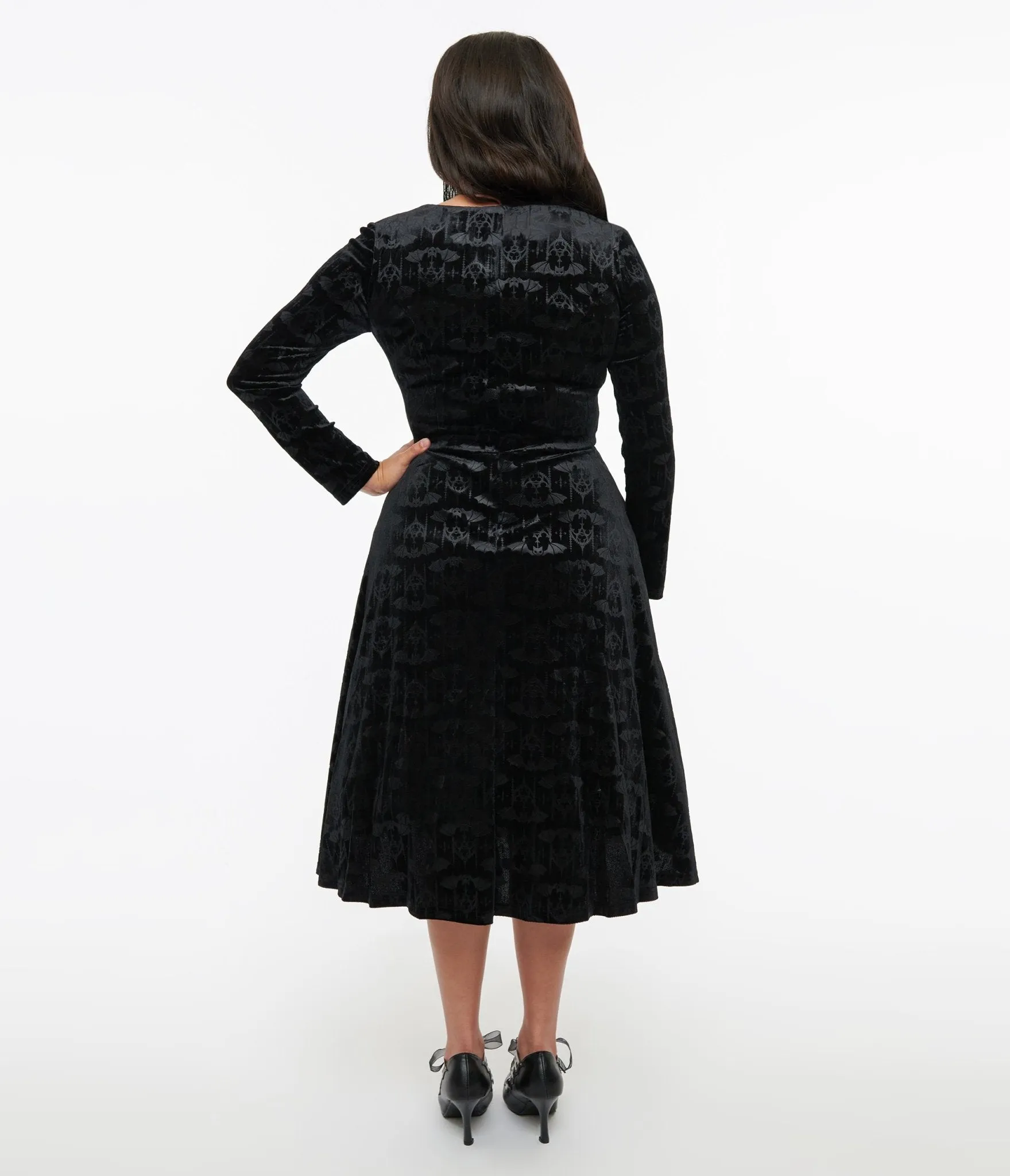 1950s Black Velvet Bat Print Fit & Flare Dress