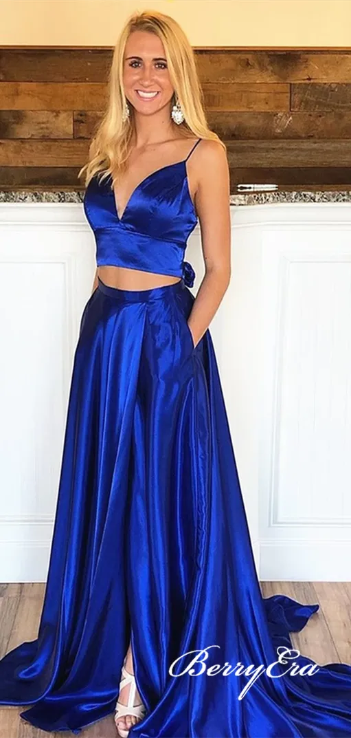 2 Pieces Royal Blue Elastic Satin Prom Dresses, Simple Long Prom Dresses, Popular Prom Dresses