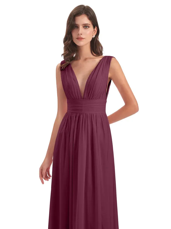 A-Line Floor Length Deep V Neck Chiffon Bridesmaid Dresses With Slit