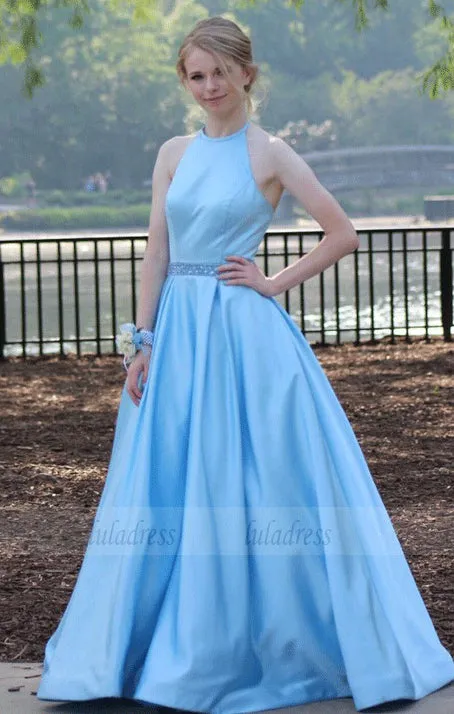 A-line Prom Dresses Long Backless Blue Satin Formal Gowns Halter Evening Dresses