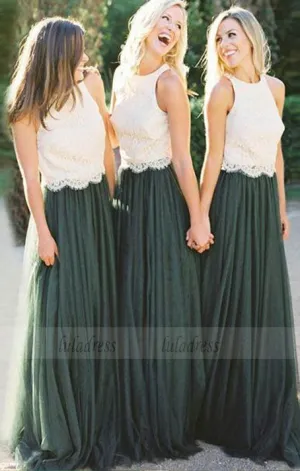 A-Line Round Neck Dark Green Bridesmaid Dresses with white Lace