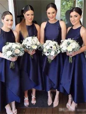 A-line Sleeveless Round Neck Simple Navy Blue Bridesmaid Dresses, BD0571