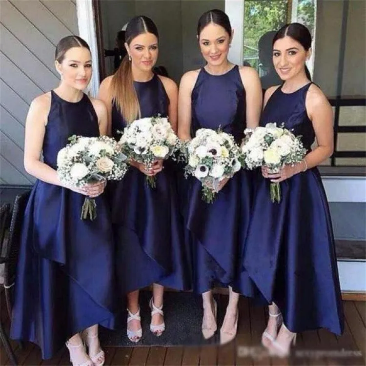 A-line Sleeveless Round Neck Simple Navy Blue Bridesmaid Dresses, BD0571