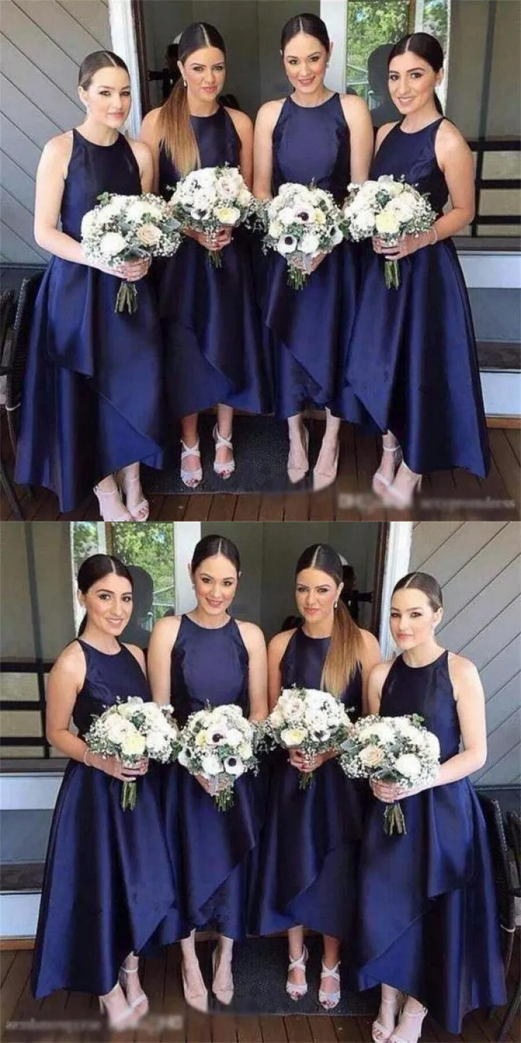 A-line Sleeveless Round Neck Simple Navy Blue Bridesmaid Dresses, BD0571