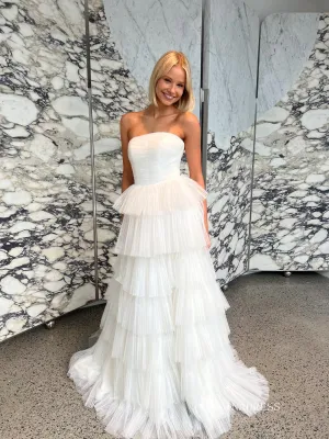 A-line Strapless White Wedding Dresses Gorgeous Frill Layered Gown SEA055