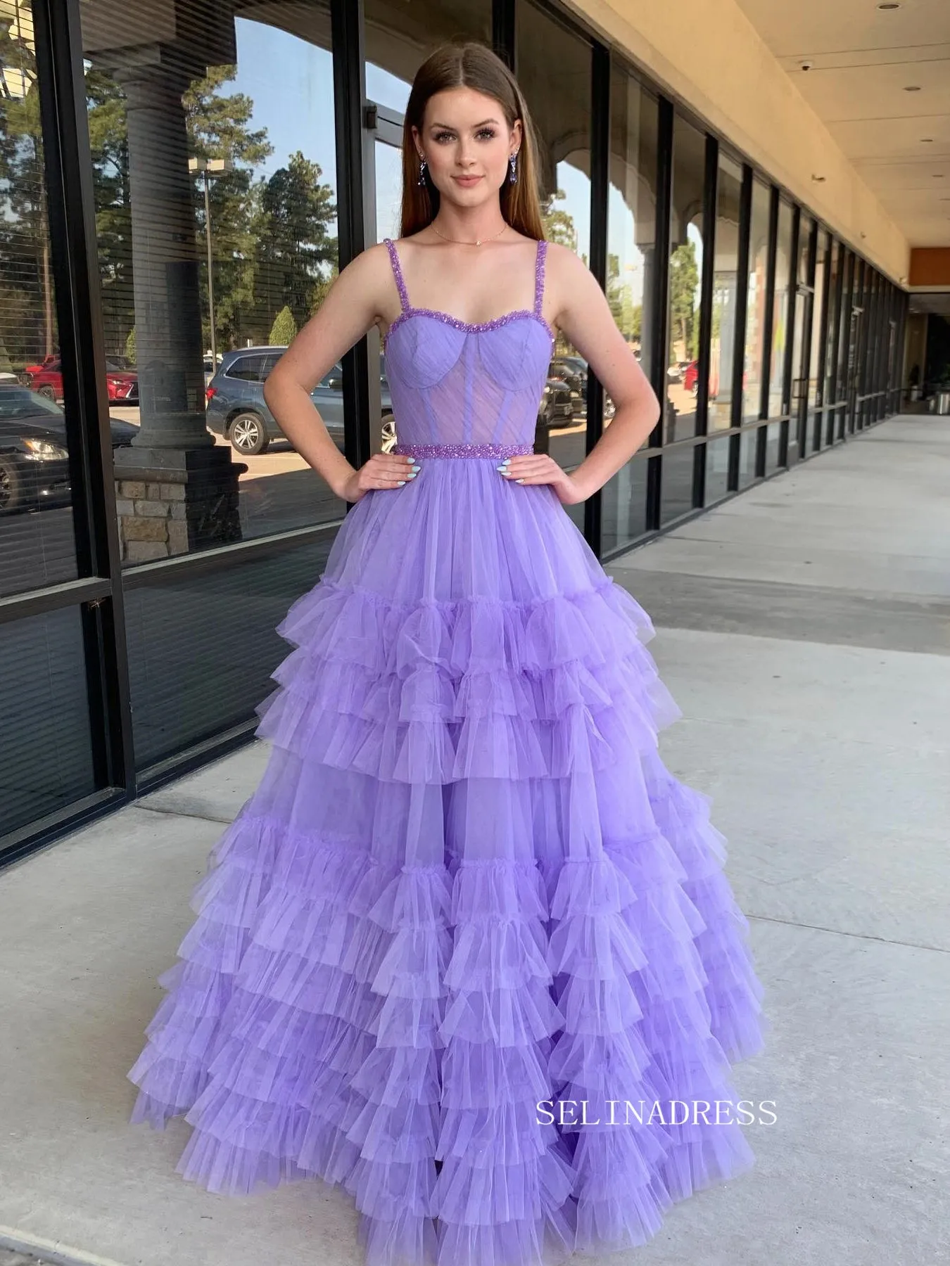 A-line Straps Lilac Long Prom Dress Ruffles Evening Dress SEW1133