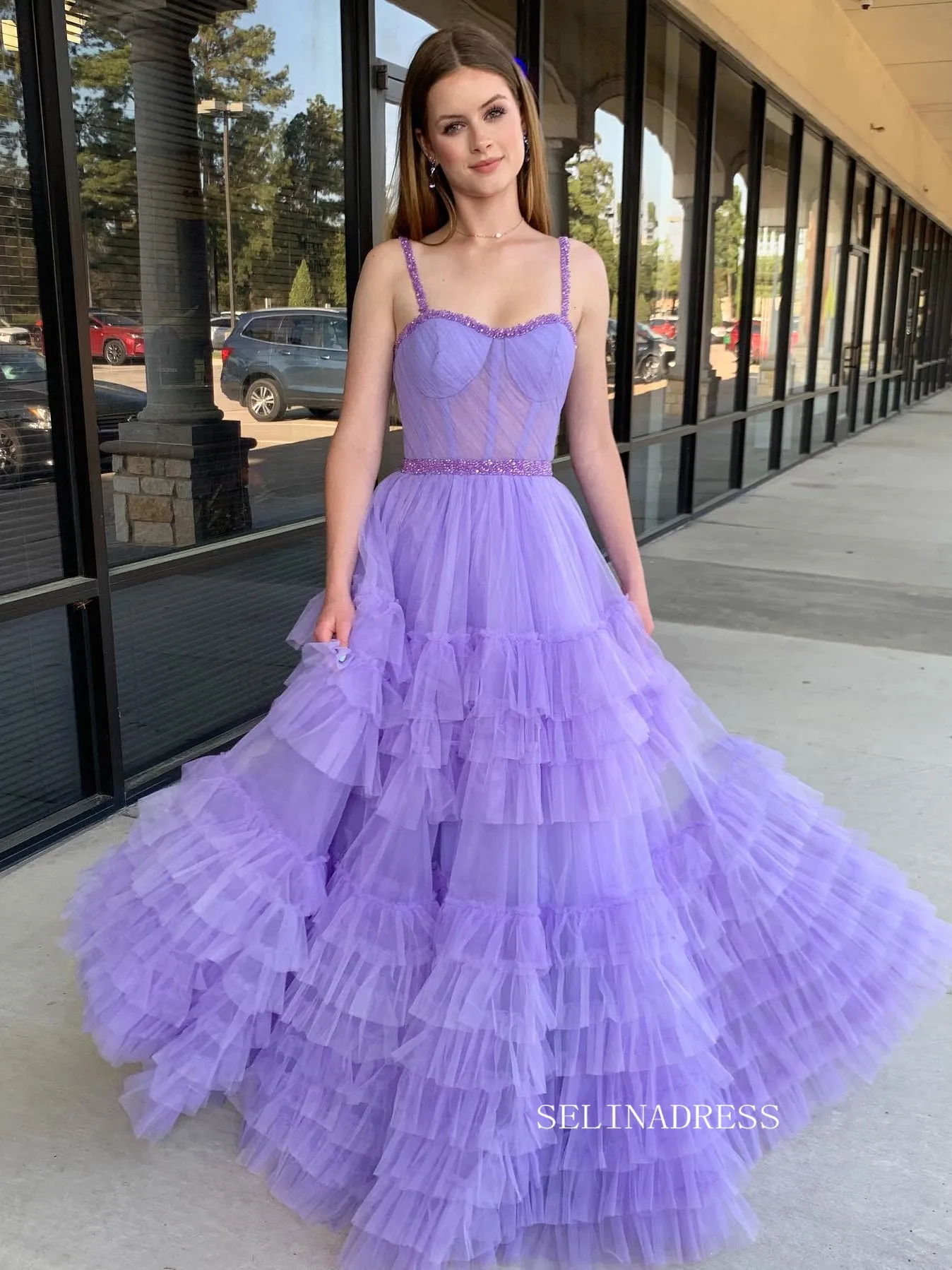 A-line Straps Lilac Long Prom Dress Ruffles Evening Dress SEW1133