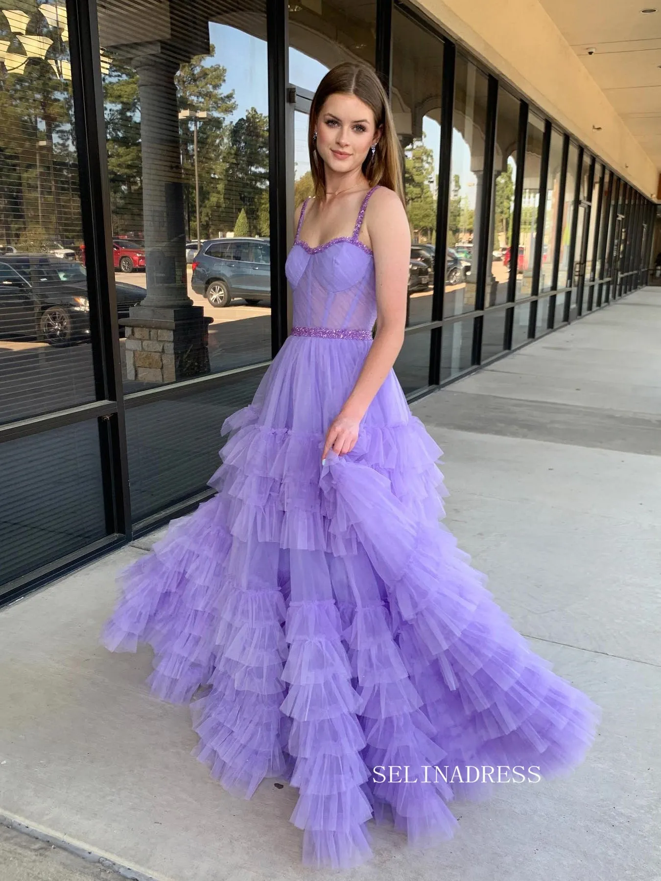 A-line Straps Lilac Long Prom Dress Ruffles Evening Dress SEW1133