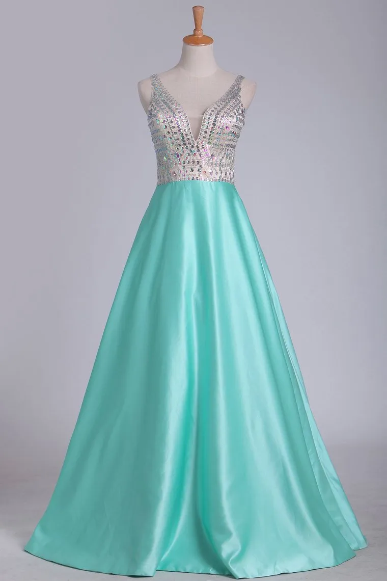 A Line V Neck Open Back Prom Dresses Beaded Bodice Satin