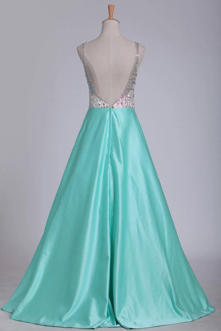 A Line V Neck Open Back Prom Dresses Beaded Bodice Satin