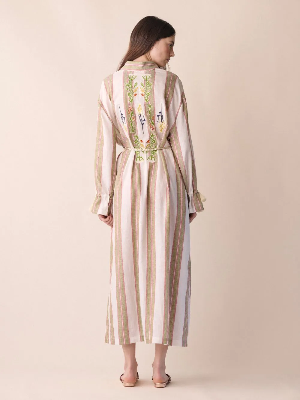 Almandine Linen Striped Dress With Embroideries