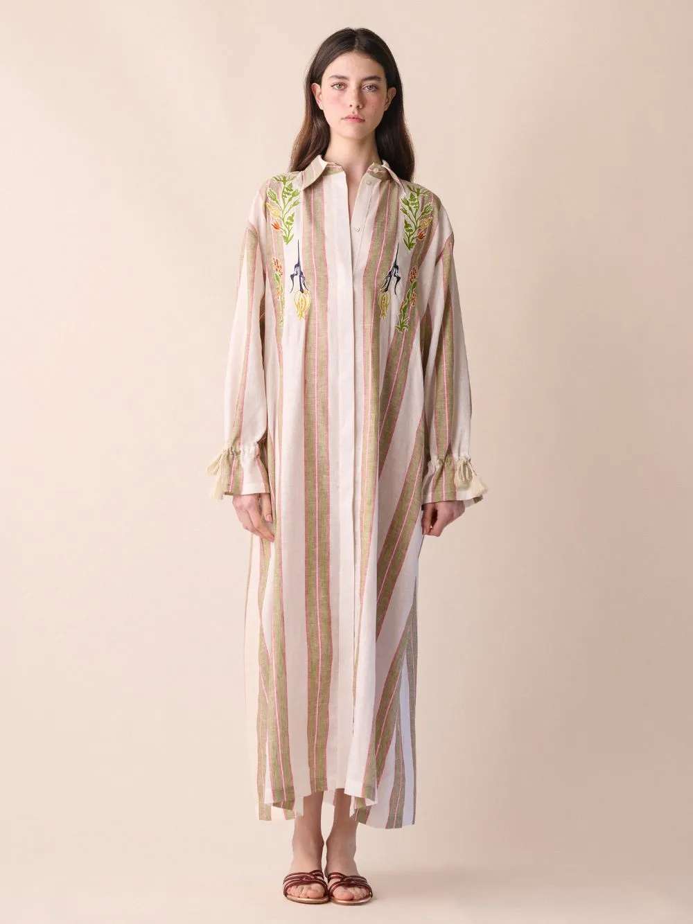 Almandine Linen Striped Dress With Embroideries