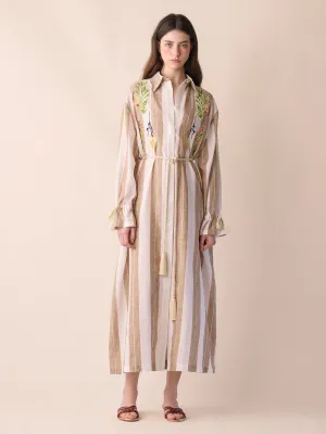 Almandine Linen Striped Dress With Embroideries