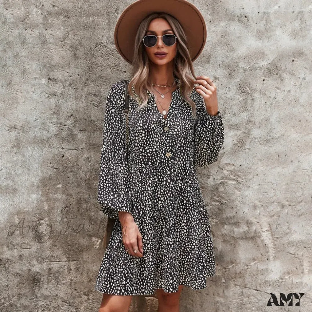 Amy Fashion - Casual V Neck Button Full Sleeve Dot Mini Dresses