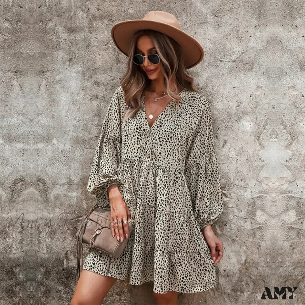 Amy Fashion - Casual V Neck Button Full Sleeve Dot Mini Dresses