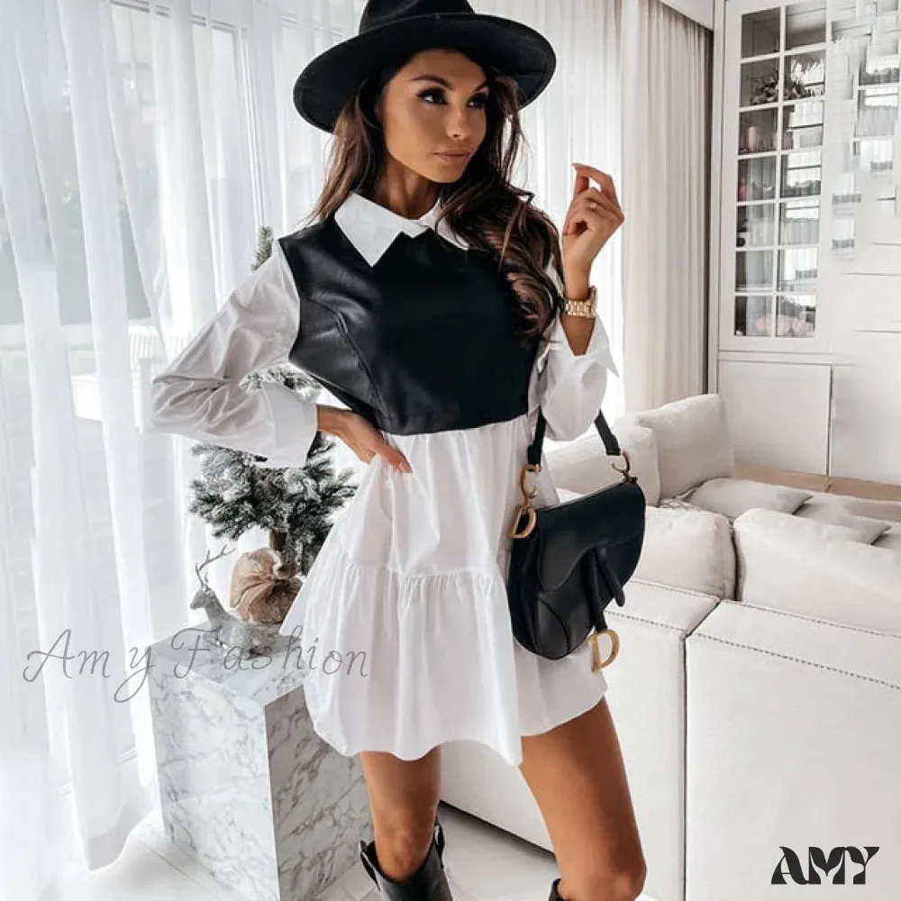 Amy Fashion - Robe Leather Patchwork Plaid Dresses