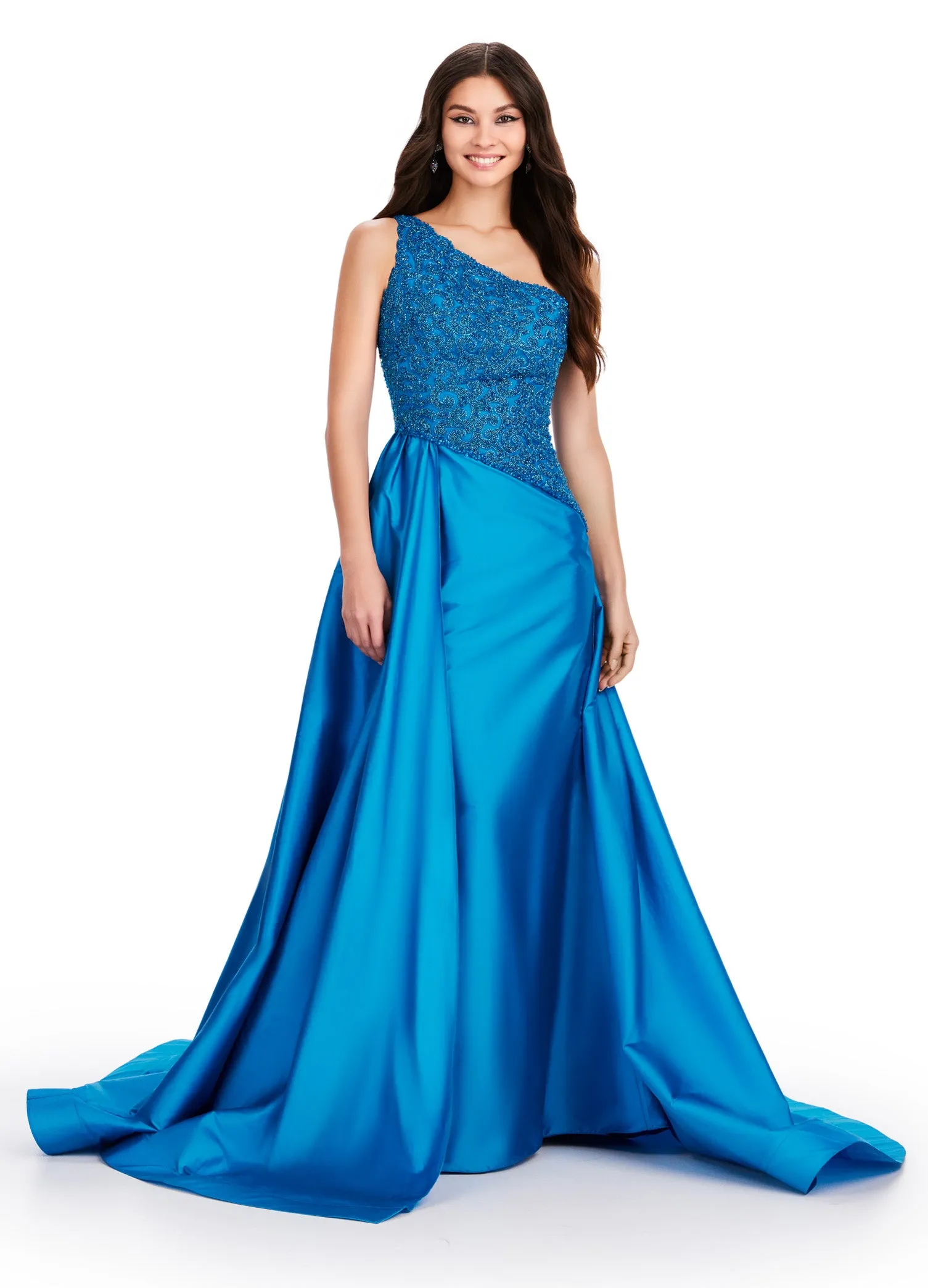 Ashley Lauren 11456 Long Prom Dress One Shoulder Taffeta Gown with Beaded Bodice Formal Pageant Gown