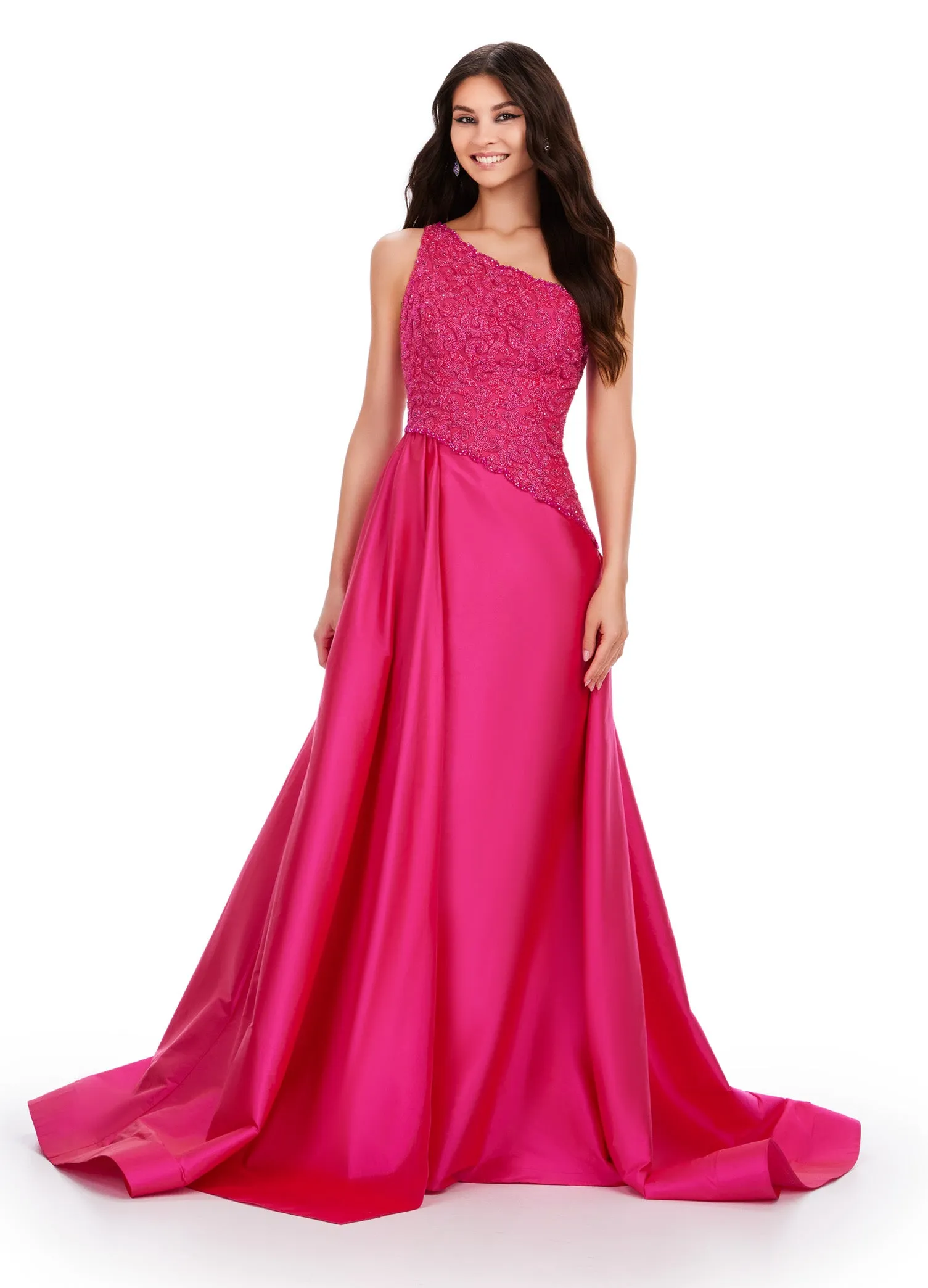 Ashley Lauren 11456 Long Prom Dress One Shoulder Taffeta Gown with Beaded Bodice Formal Pageant Gown