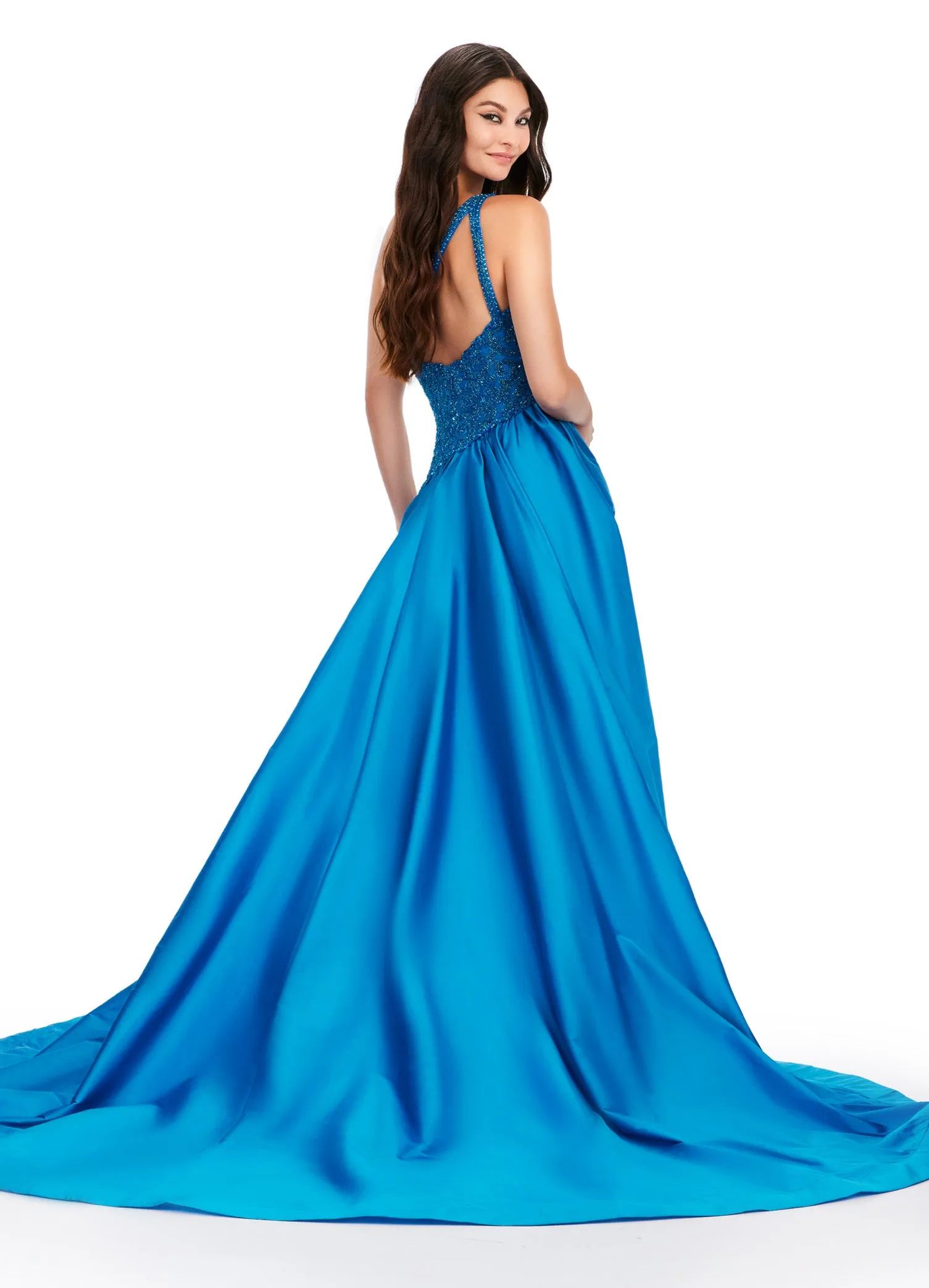 Ashley Lauren 11456 Long Prom Dress One Shoulder Taffeta Gown with Beaded Bodice Formal Pageant Gown