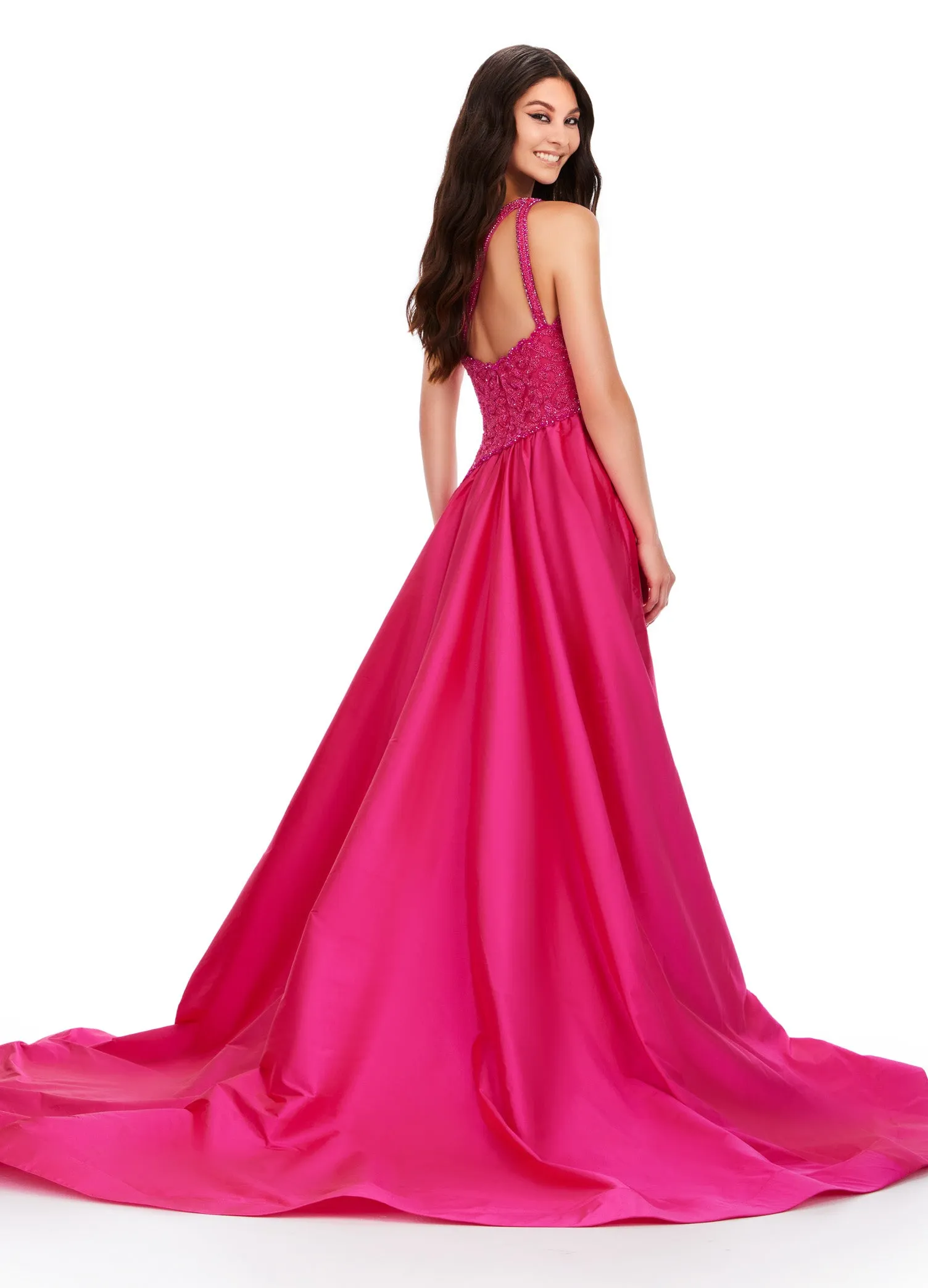 Ashley Lauren 11456 Long Prom Dress One Shoulder Taffeta Gown with Beaded Bodice Formal Pageant Gown