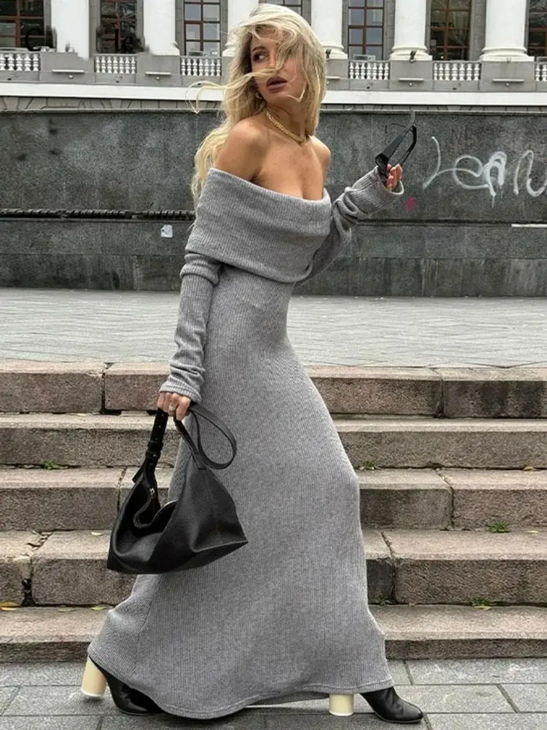 Ashore Shop Women Off Shoulder Backless Knitted Dresses Female Fashion Casual Knitted Maxi Dress