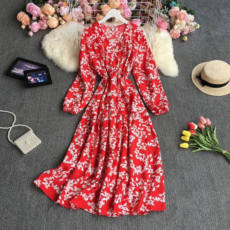 Autumn Retro Printed Dress Loose Casual V-neck Puff Sleeve Floral Dress 359