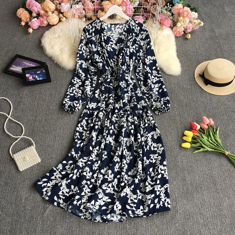 Autumn Retro Printed Dress Loose Casual V-neck Puff Sleeve Floral Dress 359