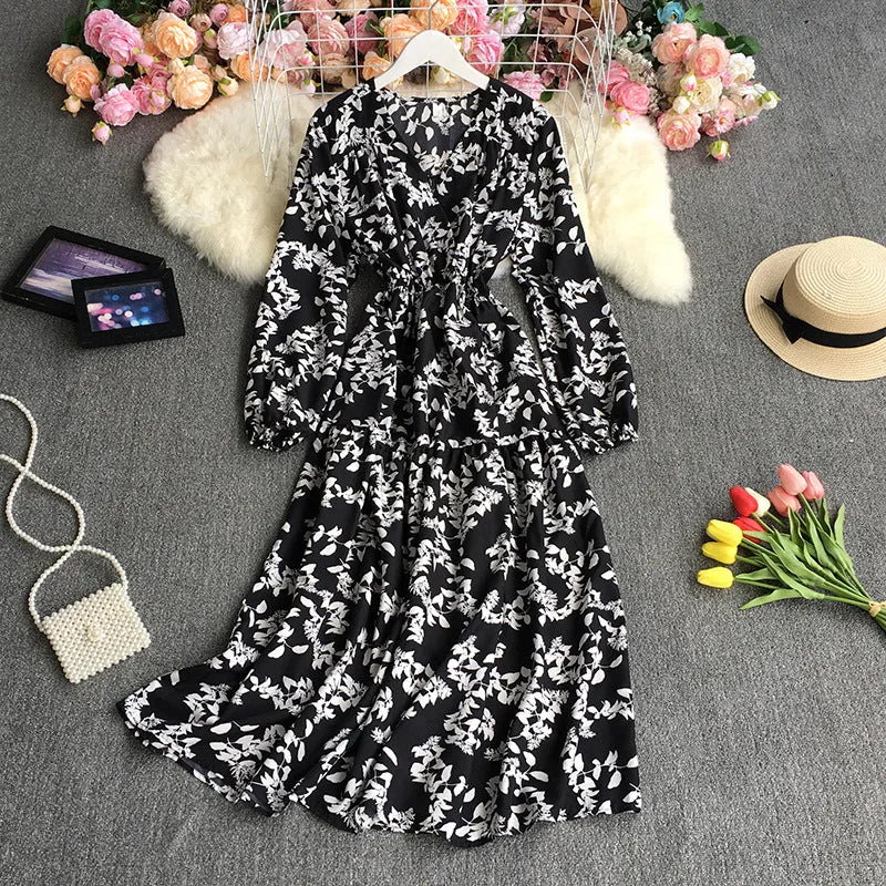 Autumn Retro Printed Dress Loose Casual V-neck Puff Sleeve Floral Dress 359