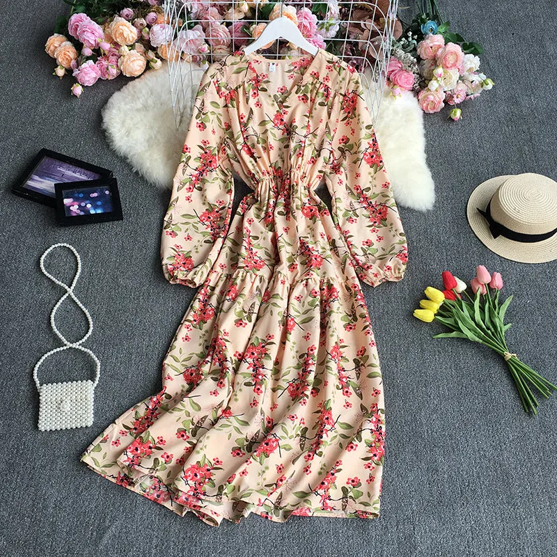 Autumn Retro Printed Dress Loose Casual V-neck Puff Sleeve Floral Dress 359