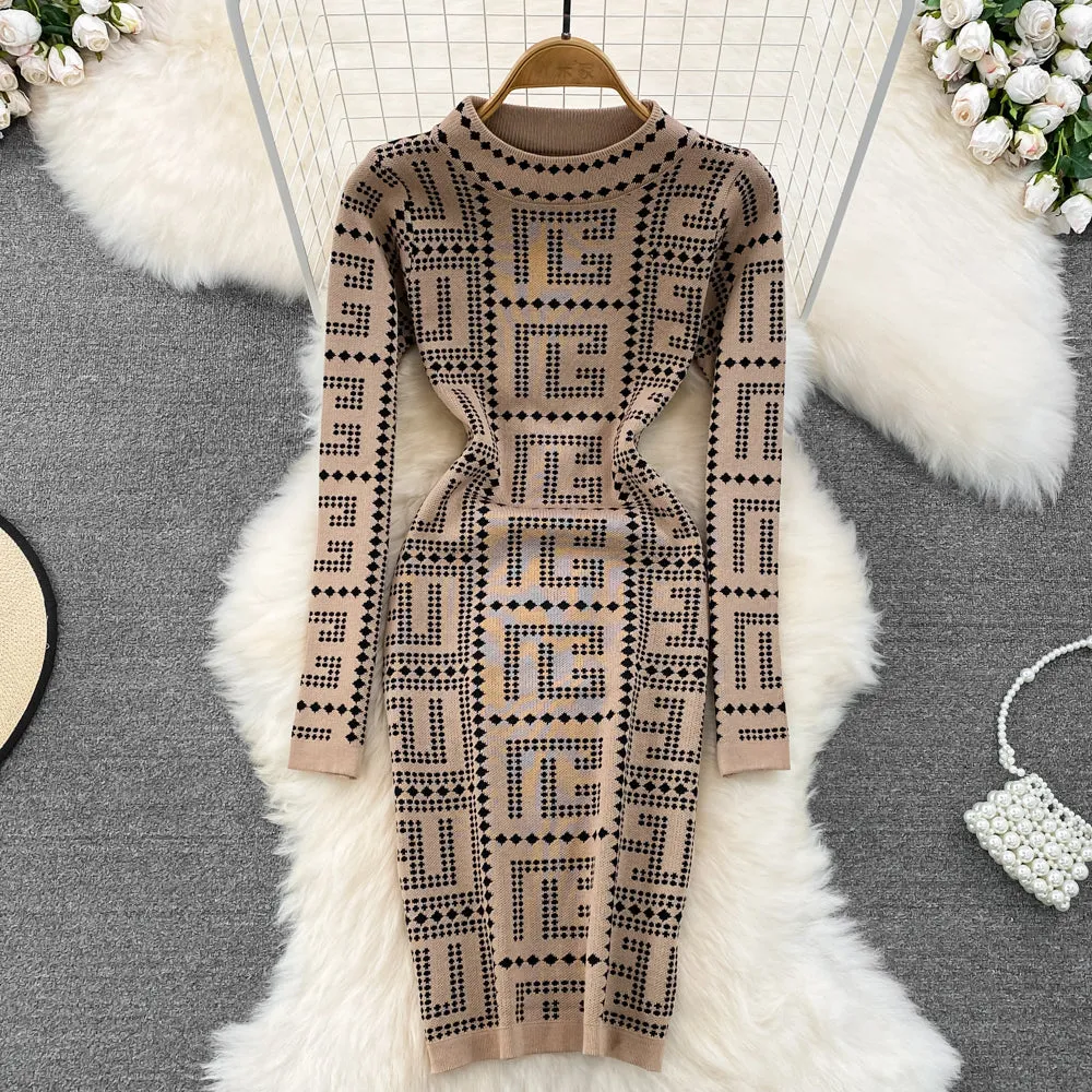 Autumn Vintage Knitted Sweater Dress Sheath Skirt 441