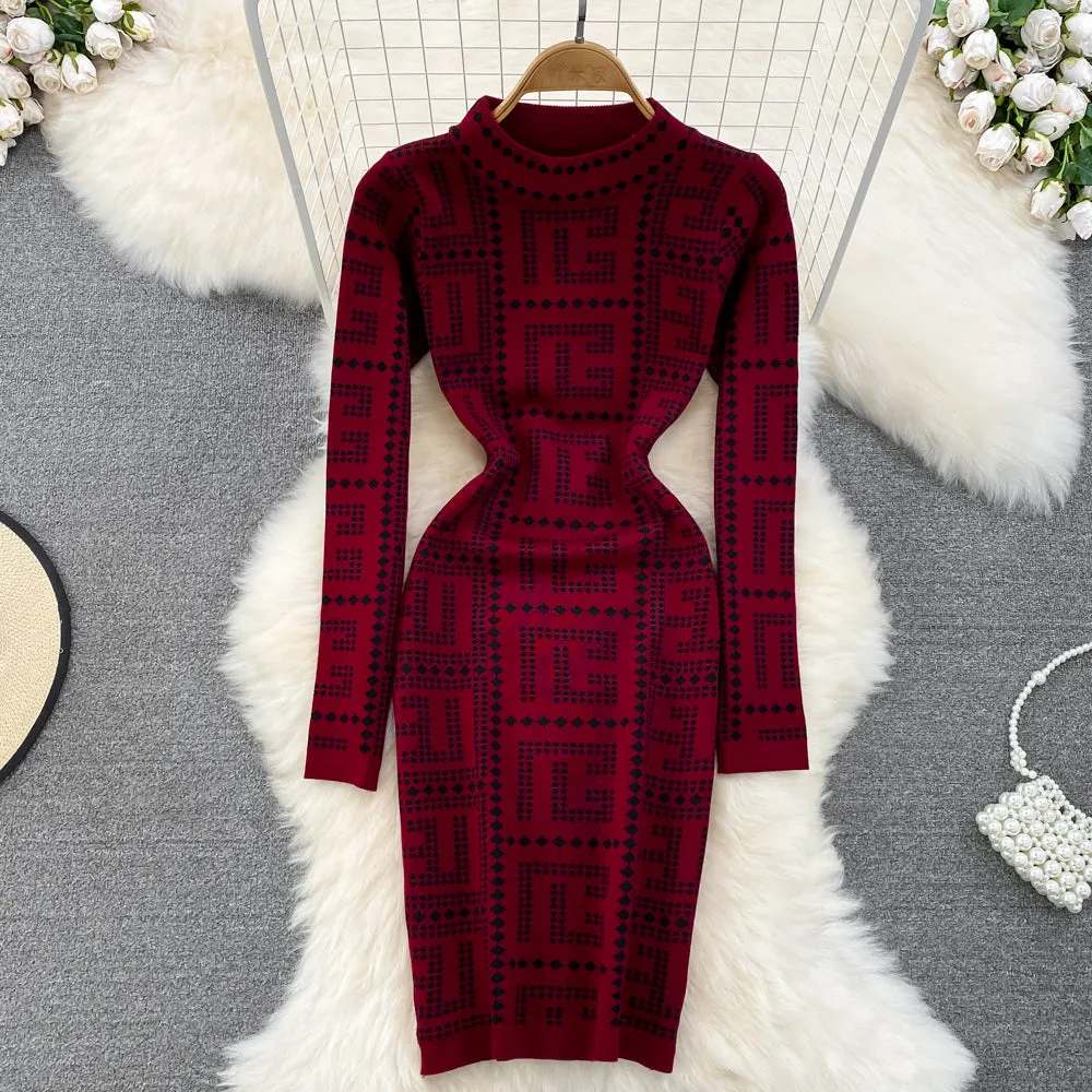 Autumn Vintage Knitted Sweater Dress Sheath Skirt 441