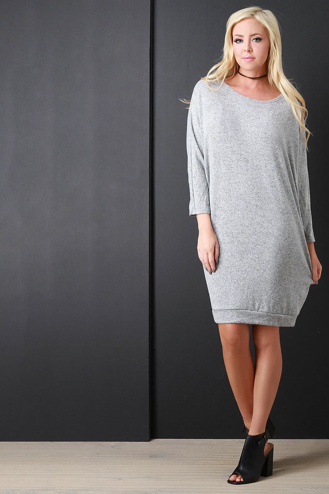 Back Button Accent Dolman Sleeves Sweater Dress