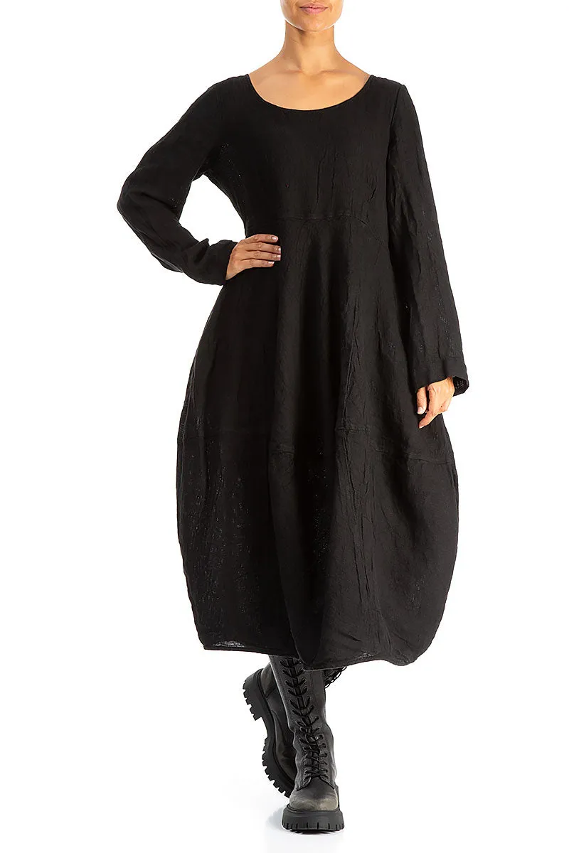 Balloon Long Sleeves Black Mélange Linen Dress