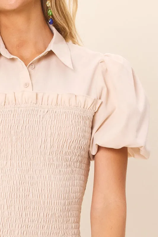 Beige Half Button-Down Short Sleeved Smocking Mini Dress