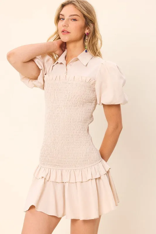 Beige Half Button-Down Short Sleeved Smocking Mini Dress