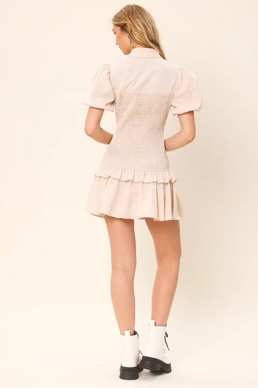 Beige Half Button-Down Short Sleeved Smocking Mini Dress