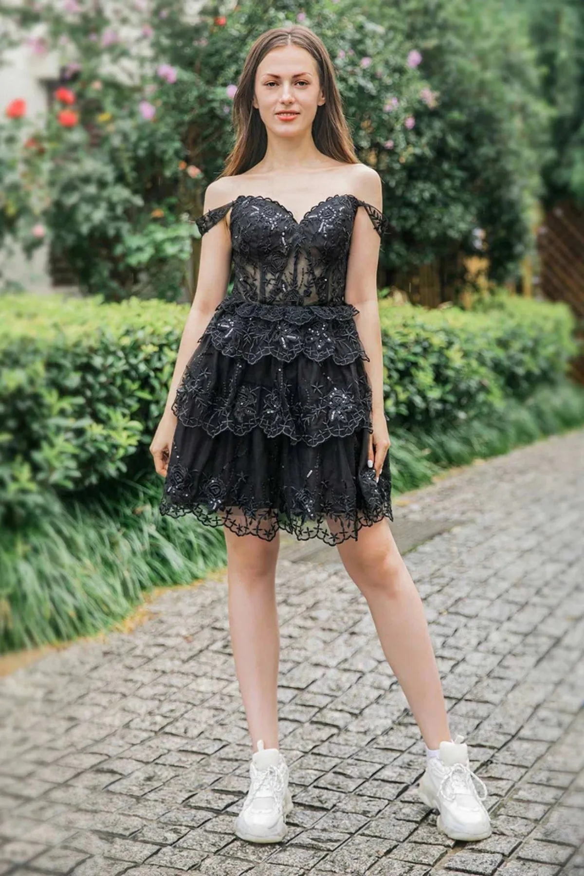 Black Lace Off Shoulder Layered Short Prom Dresses, Black Lace Homecoming Dresses, Black Formal Graduation Evening Dresses WT1473