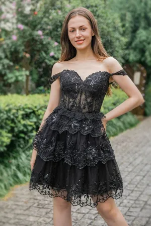 Black Lace Off Shoulder Layered Short Prom Dresses, Black Lace Homecoming Dresses, Black Formal Graduation Evening Dresses WT1473