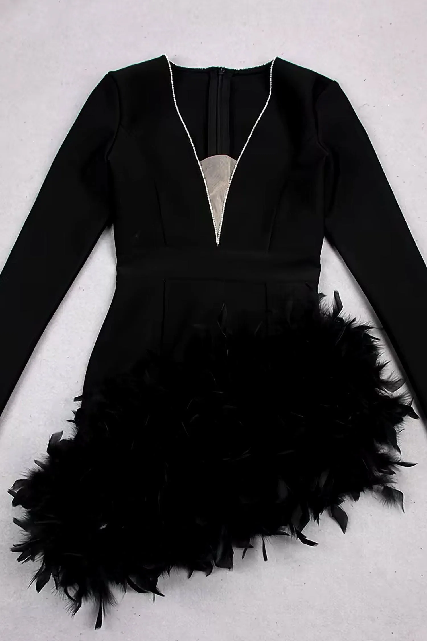 Black Long Sleeves Feather Skirt Mini Dress