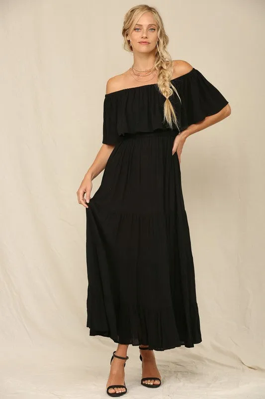 Black Off Whoulder Maxi Dress With Ruffle Top