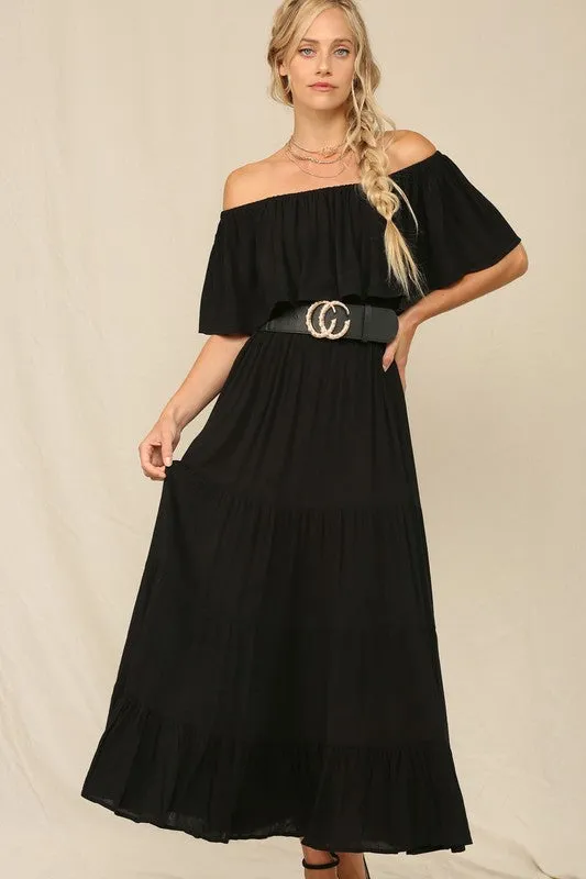 Black Off Whoulder Maxi Dress With Ruffle Top