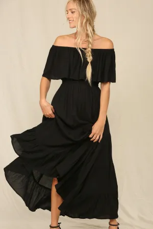 Black Off Whoulder Maxi Dress With Ruffle Top