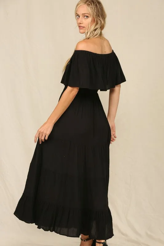 Black Off Whoulder Maxi Dress With Ruffle Top