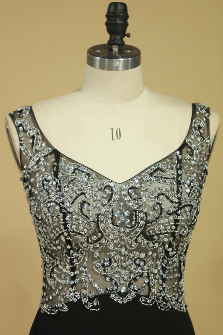 Black Prom Dresses Off The Shoulder See-Through Beaded Bodice Chiffon