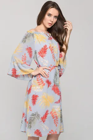 Blue Autumn Leaf Print Off the Shoulder Midi Dress