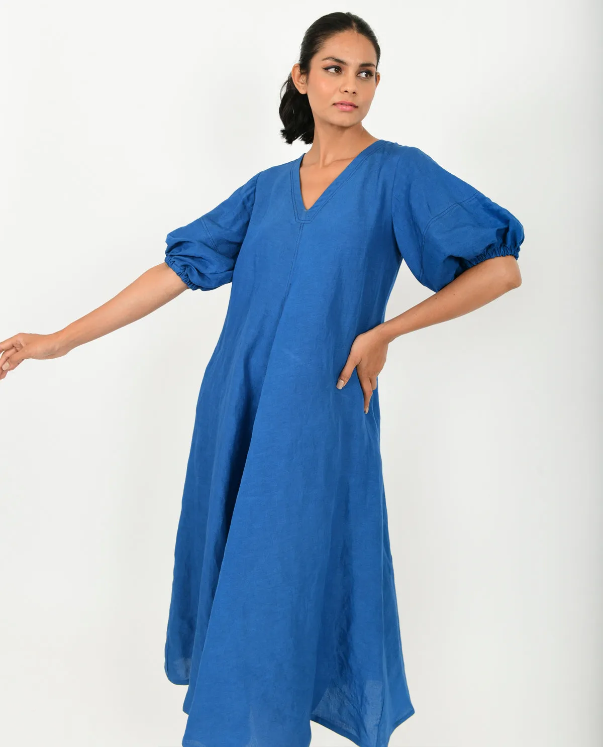 Blue Cotton Dress With Puffed Sleeves