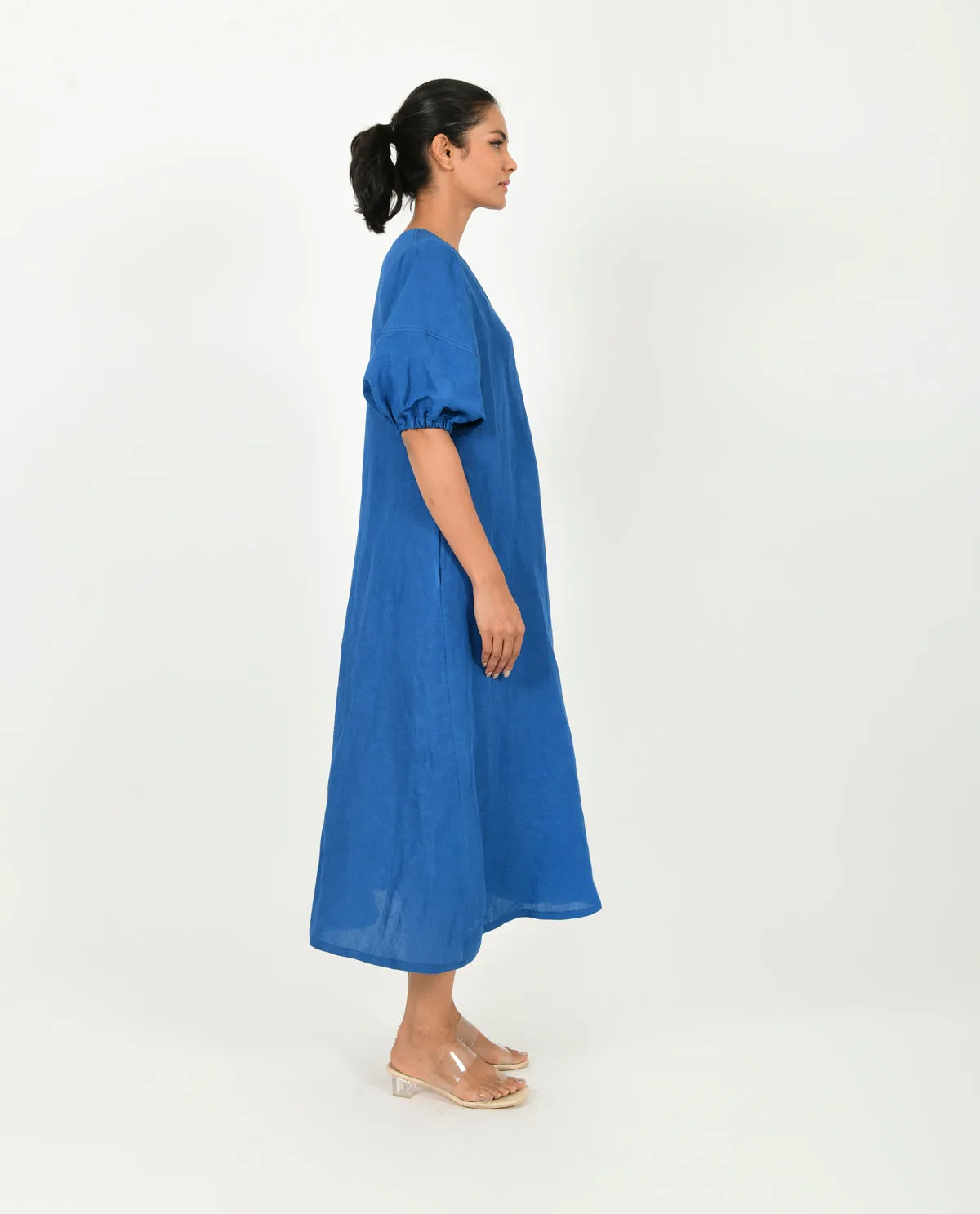 Blue Cotton Dress With Puffed Sleeves