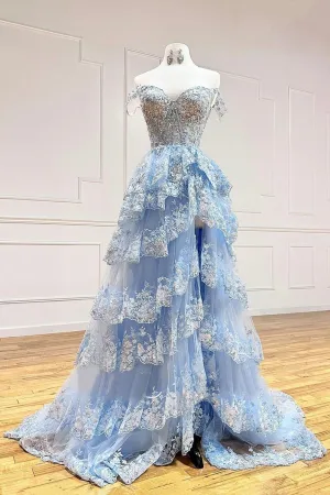 Blue Lace Off Shoulder Layered Long Prom Dresses, Blue Lace Formal Evening Dresses, Blue Ball Gown WT1176