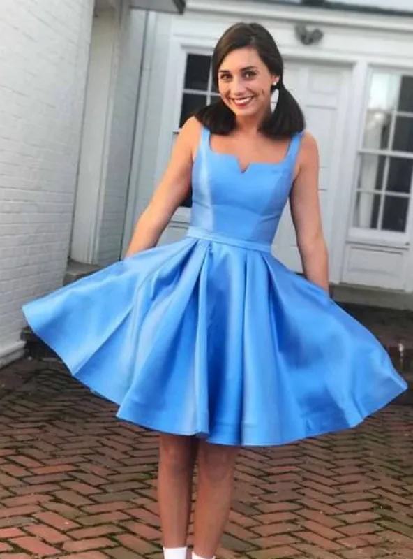 Blue Square Neckline Sleeveless Simple Satin Homecoming Dresses,BD00136