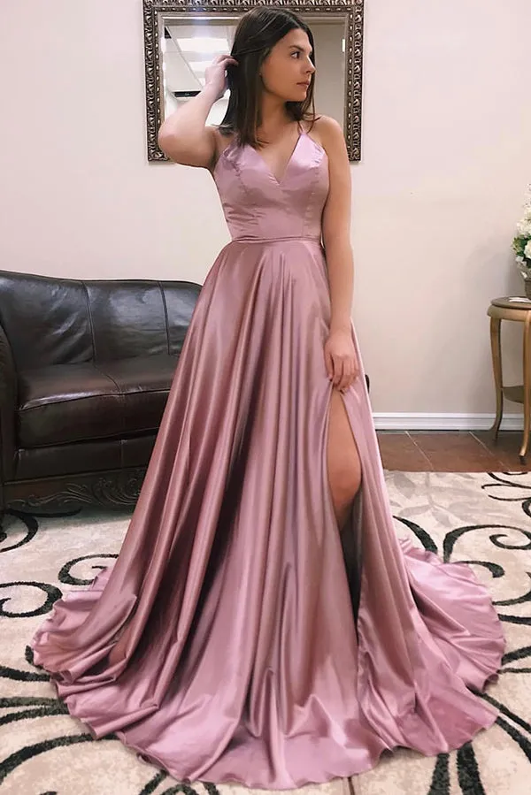 Blush A Line V Neck Cross Back Spaghetti Straps Prom Dresses with Train, SP632